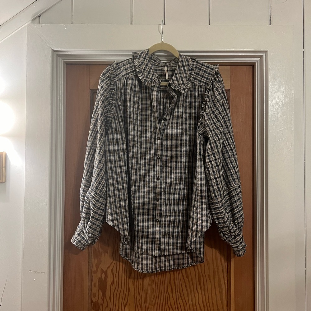 Free People Black and White Plaid Blouse
